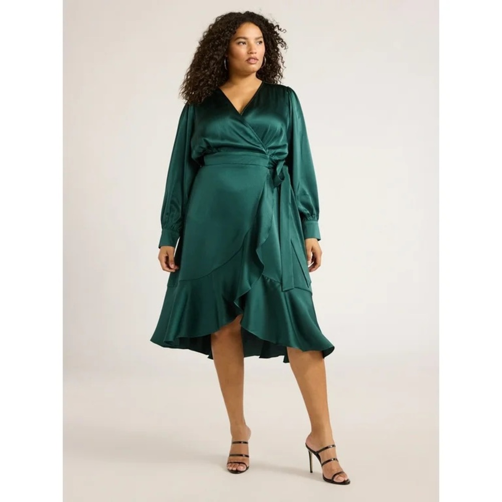 Sofia Vergara Women's Faux Wrap Ruffle Trim Skirt Midi Dress NWT